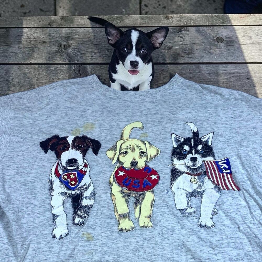 VTG 90s TShirt USA Patriotic Dog 2XL Husky Lab Terrier Flag Double Sided America